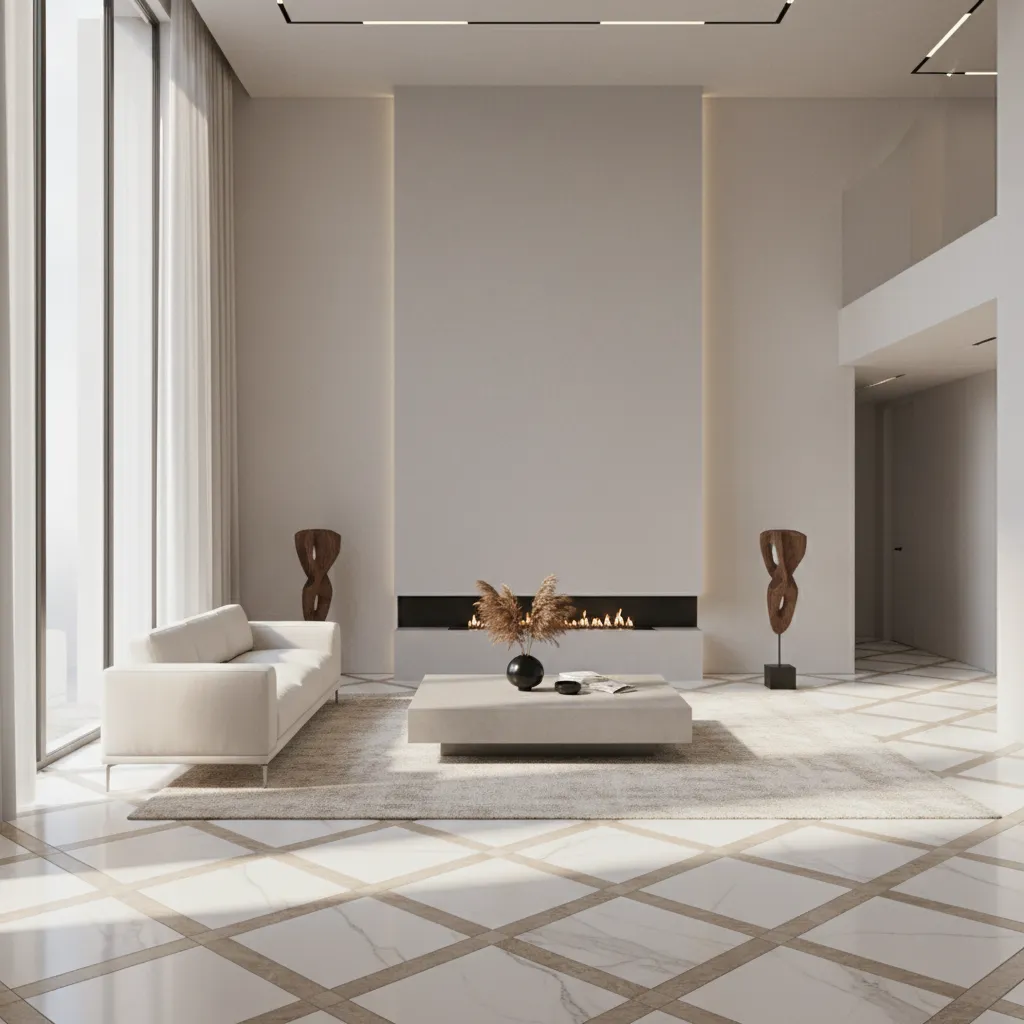 Two tone marble flooring pattern in modern living hall