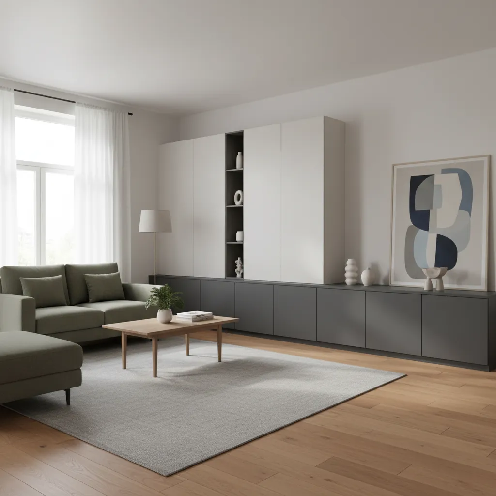 Modern two-tone cabinet with light upper body and dark base in a contemporary living room