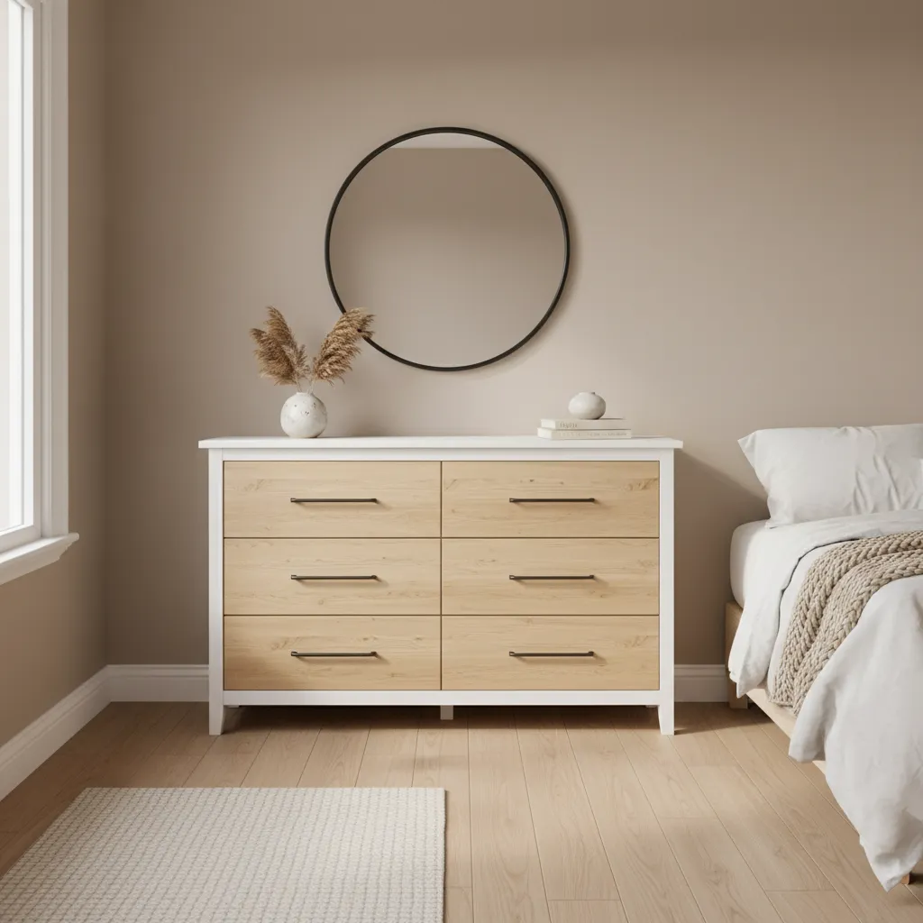 Two-tone painted dresser with white frame and wood drawers in a bright bedroom