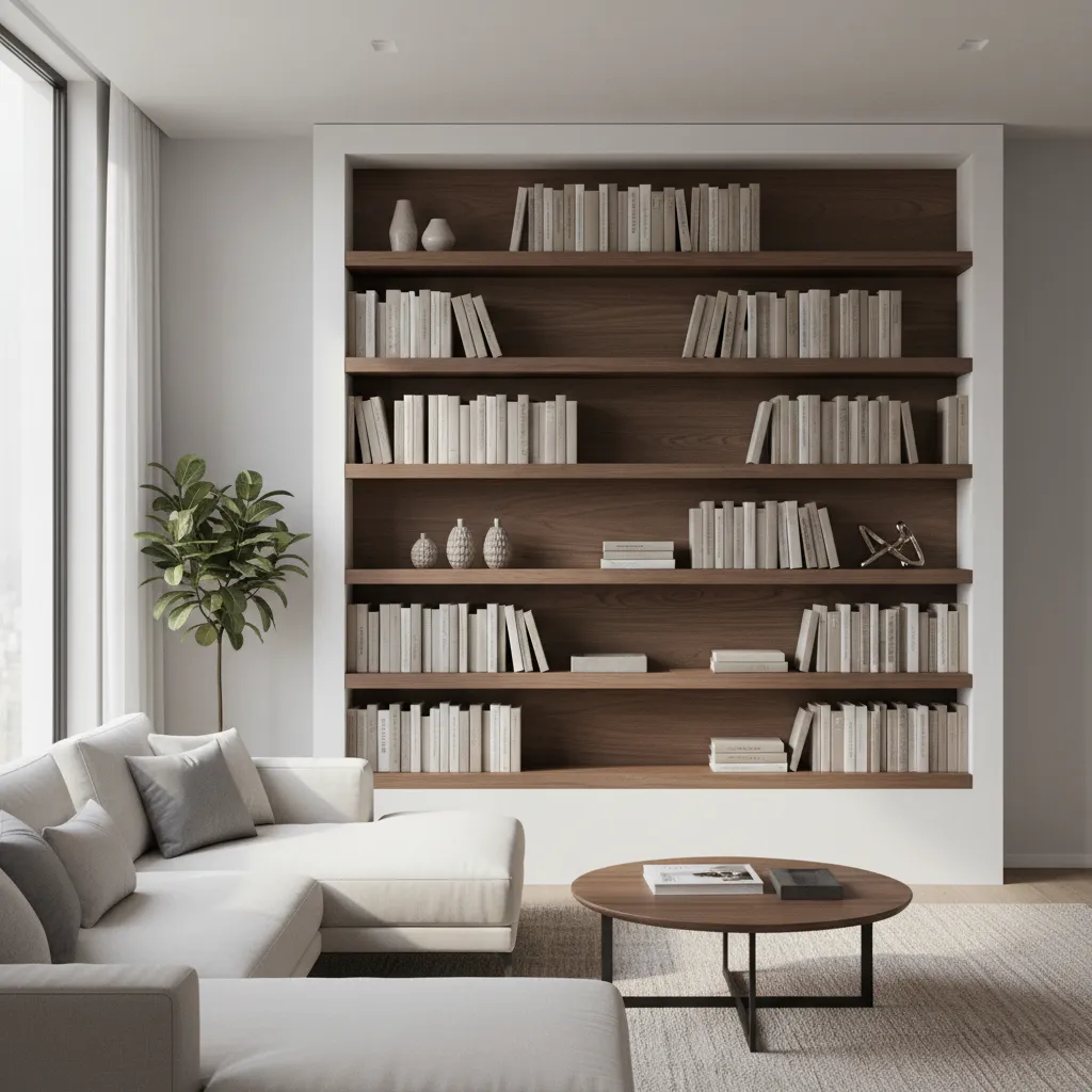 Modern shelving unit with light frame and dark interior panels illustrating two tone design strategy
