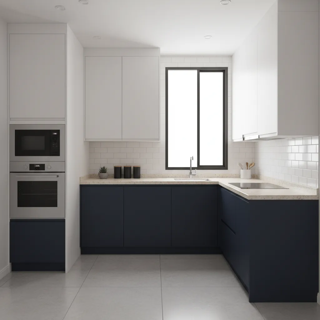 Modern kitchen with navy blue lower cabinets white upper cabinets white tile backsplash and oven