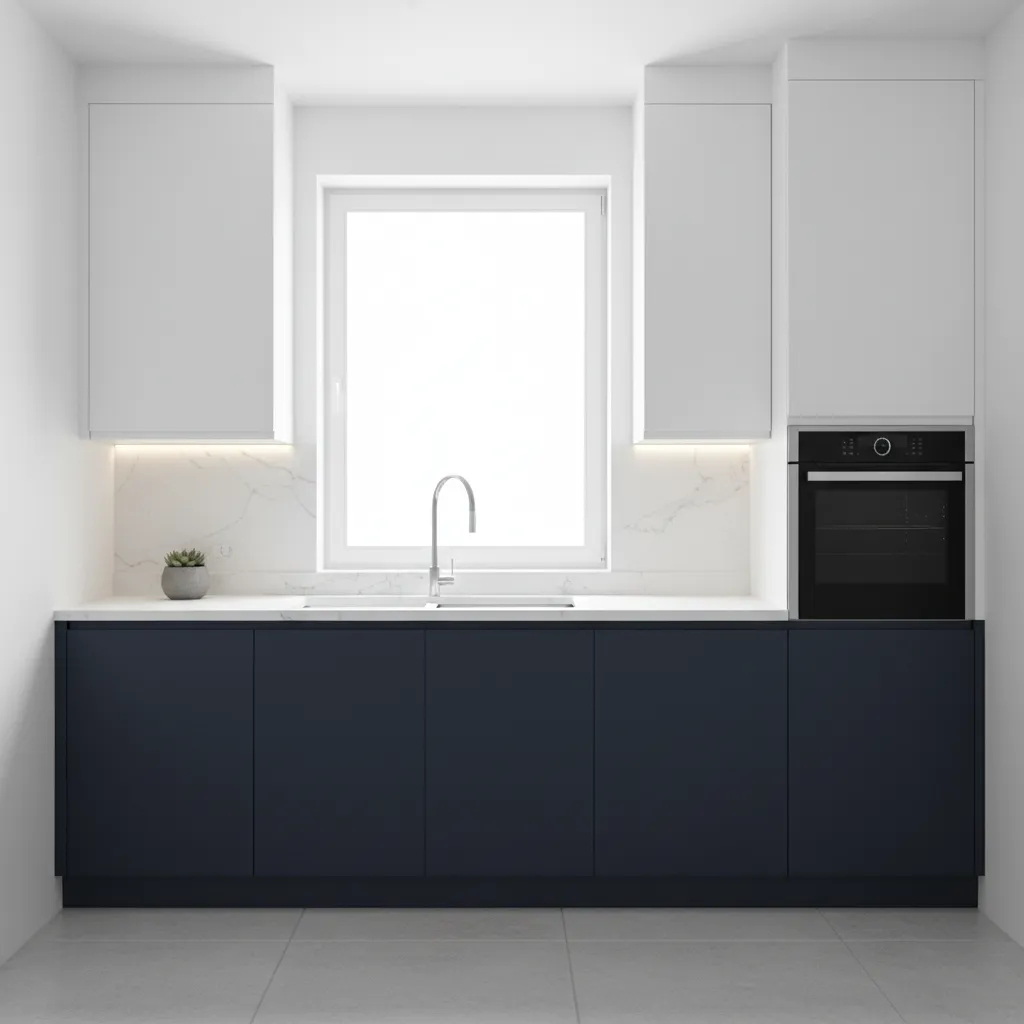 Two tone small kitchen with white upper cabinets and darker base cabinets