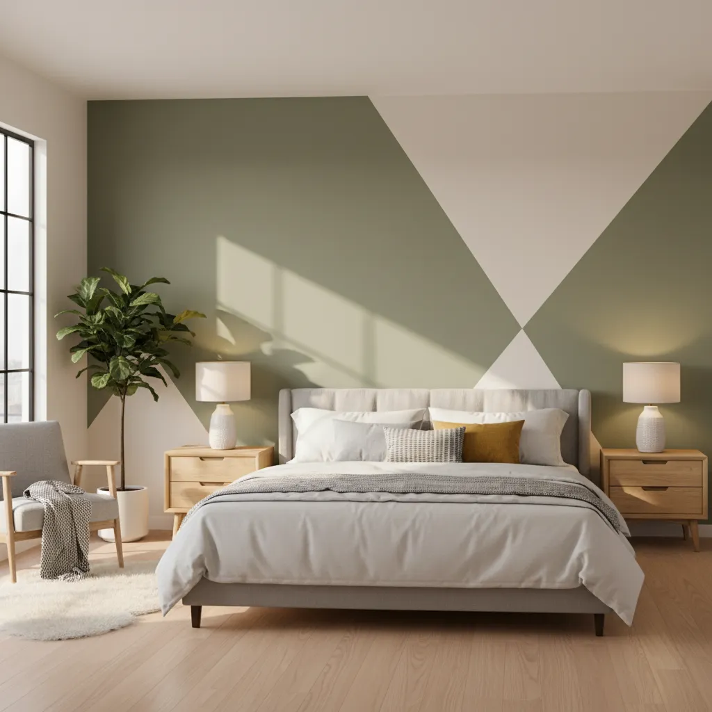 Two tone geometric triangle wall paint design behind bed