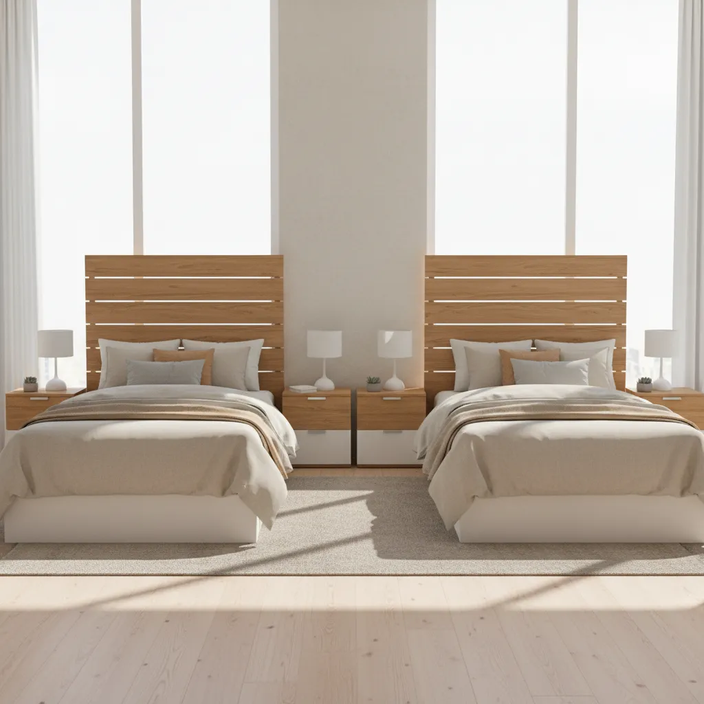 Two tone twin bed set with white frames and wood headboards
