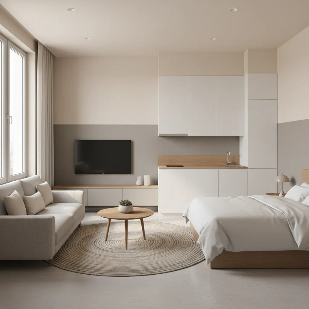 Two tone wall border separating colors in a small studio apartment