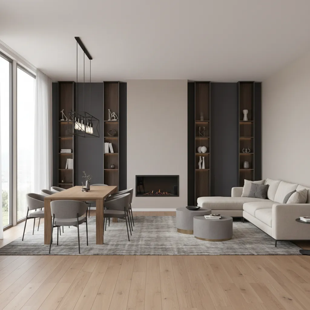 Two tone wall design separating living and dining areas in open layout