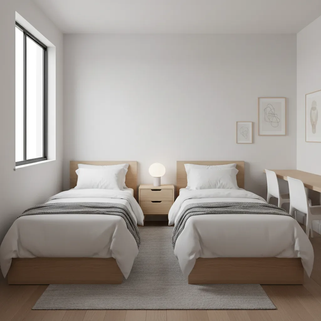Two twin beds arranged in a small shared bedroom layout