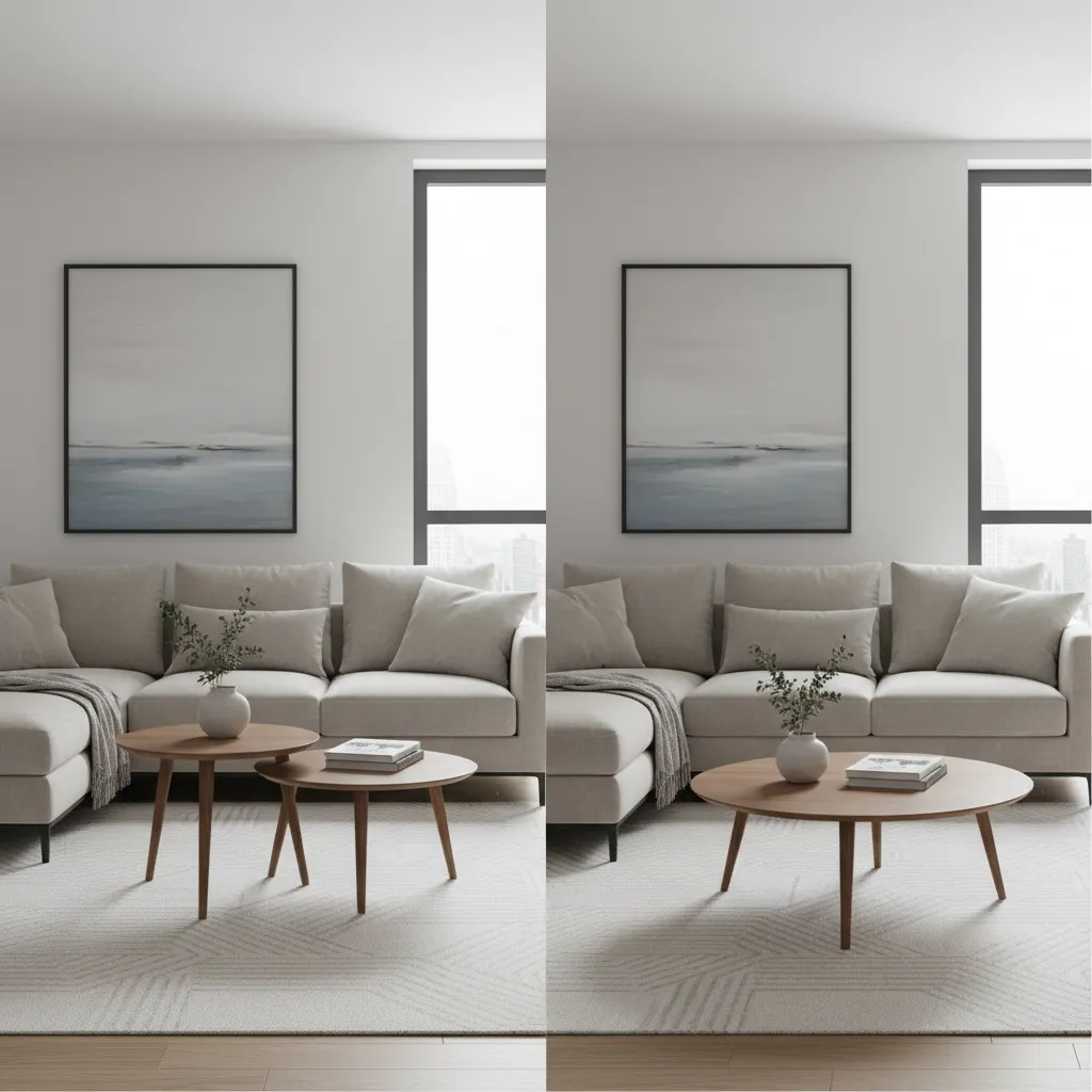 Comparison showing two small round wooden coffee tables versus one large round wooden coffee table