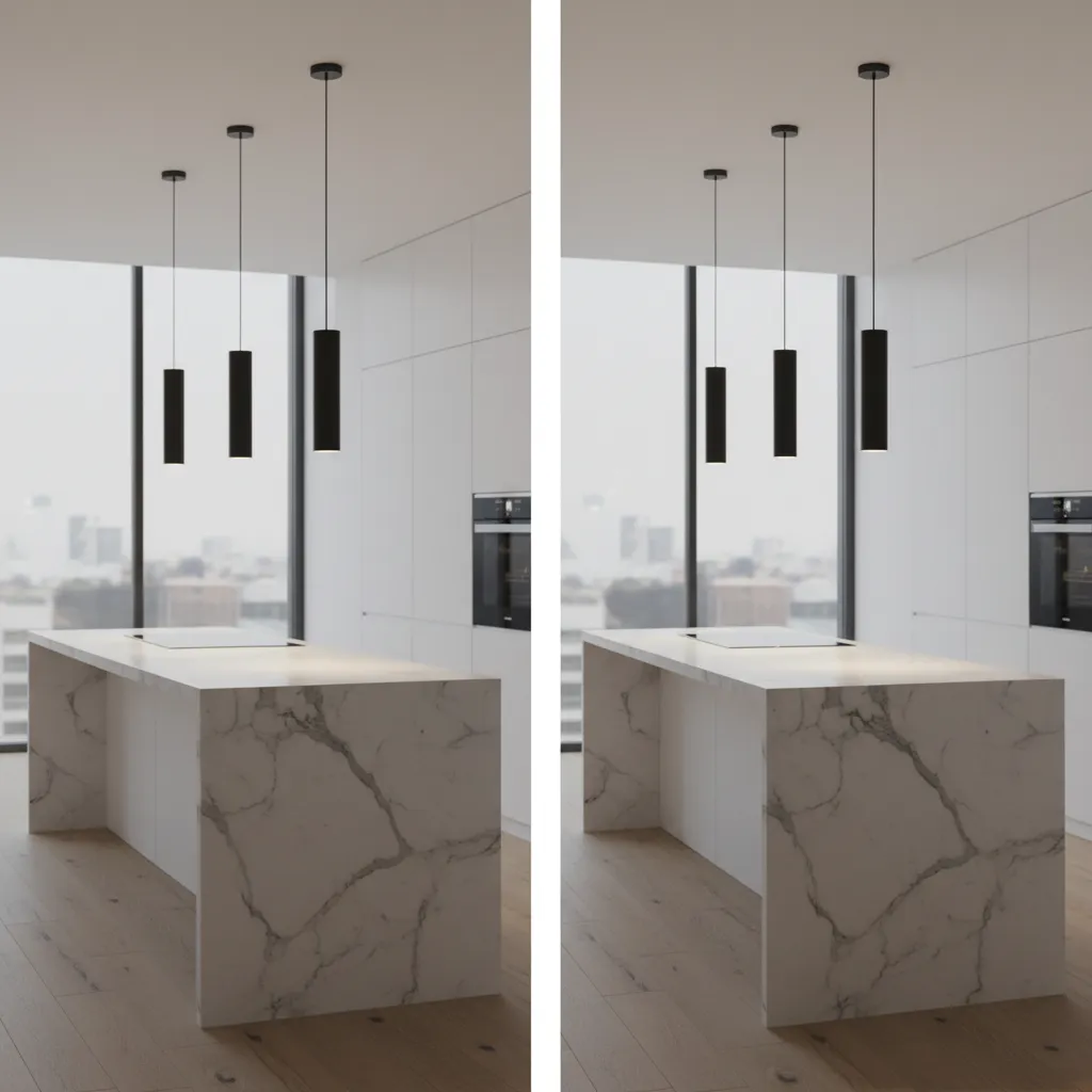 Comparison of two and three pendant lights over kitchen island