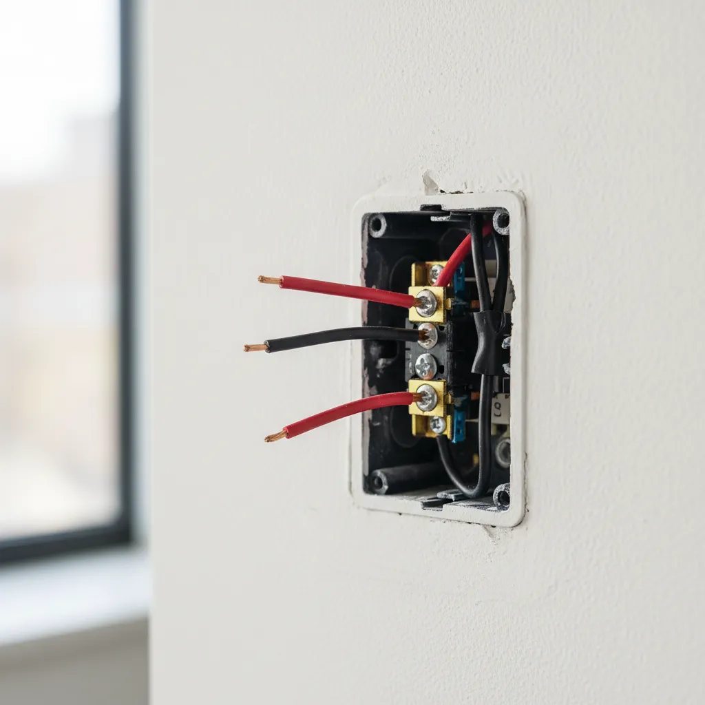 Open wall switch showing common and traveler wires for a two way light switch