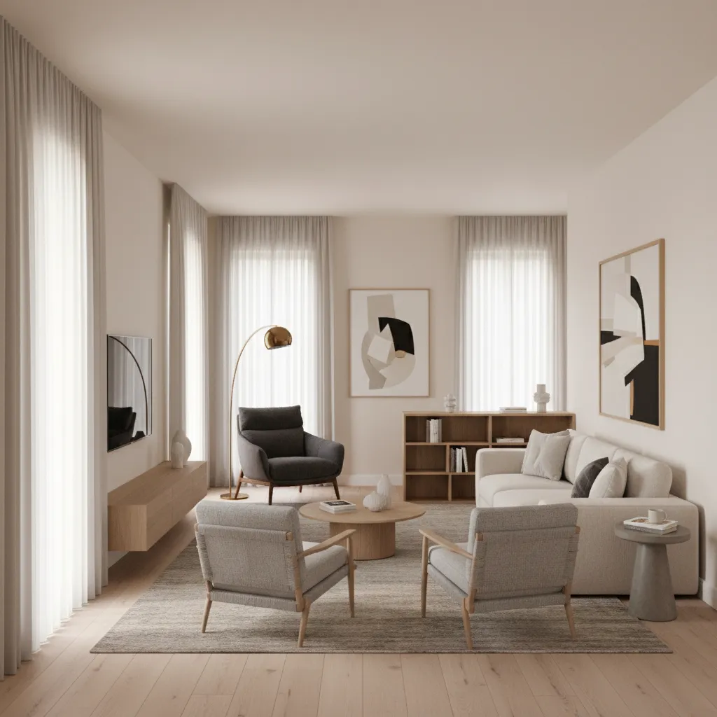 long narrow living room divided into two functional seating zones