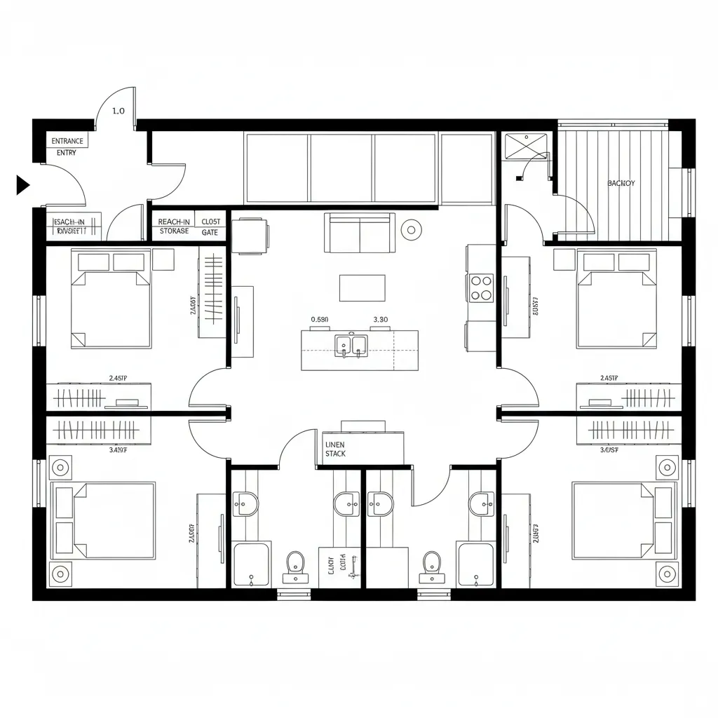 A black and white room layout showing four bedrooms four bathrooms and a central kitchen