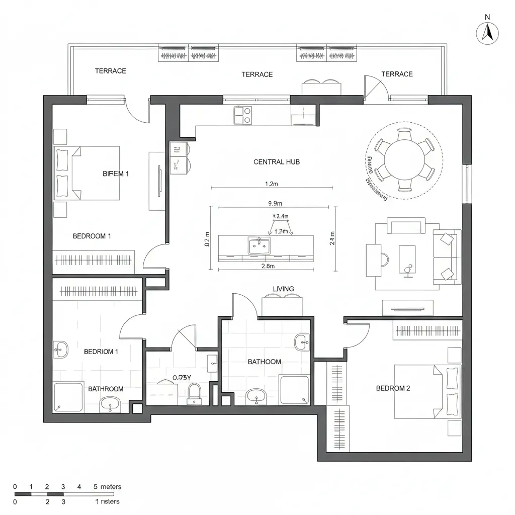 Top-down CAD plan showing two bedrooms at opposite ends and a central living-kitchen hub with terrace