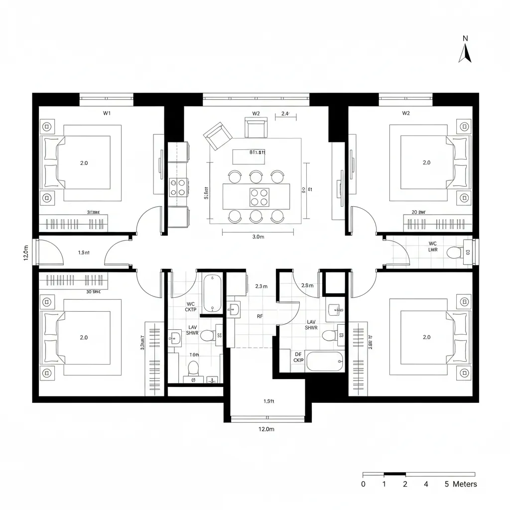 Top-down CAD plan of a split two-bedroom with central living core and aligned island axis