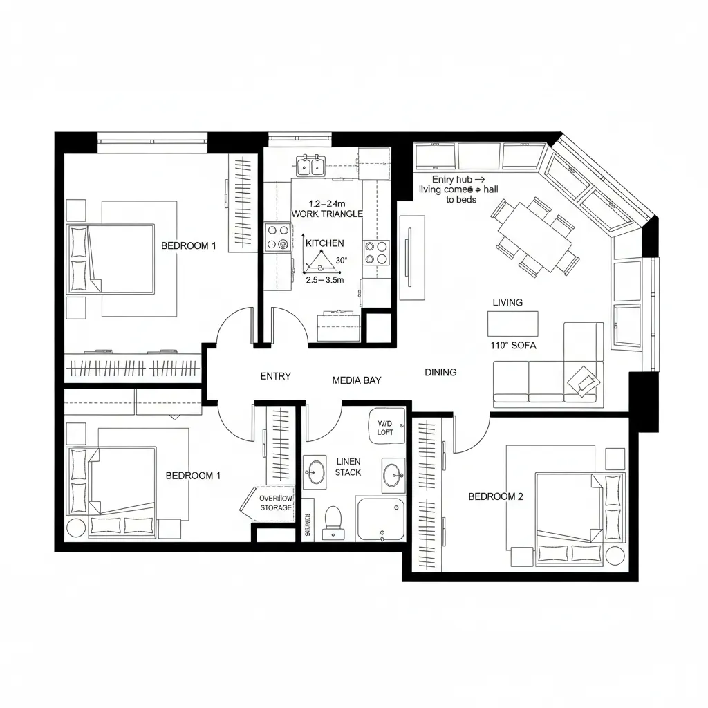 Detailed floor plan with three bedrooms two bathrooms kitchen dining area and large open living space