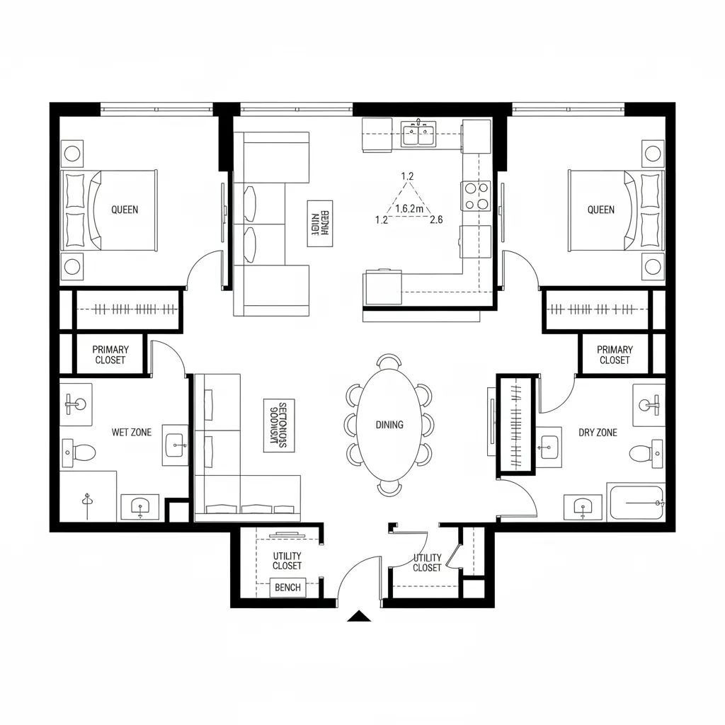 Floor plan showing two bedroom apartment layout with shared living space central dining and private bathrooms