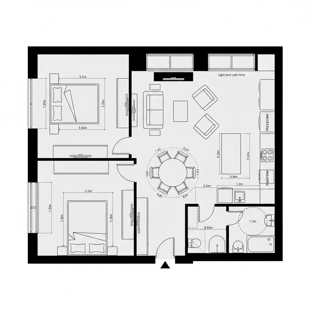 Two bedroom apartment floor plan with round dining table living area and large kitchen layout design