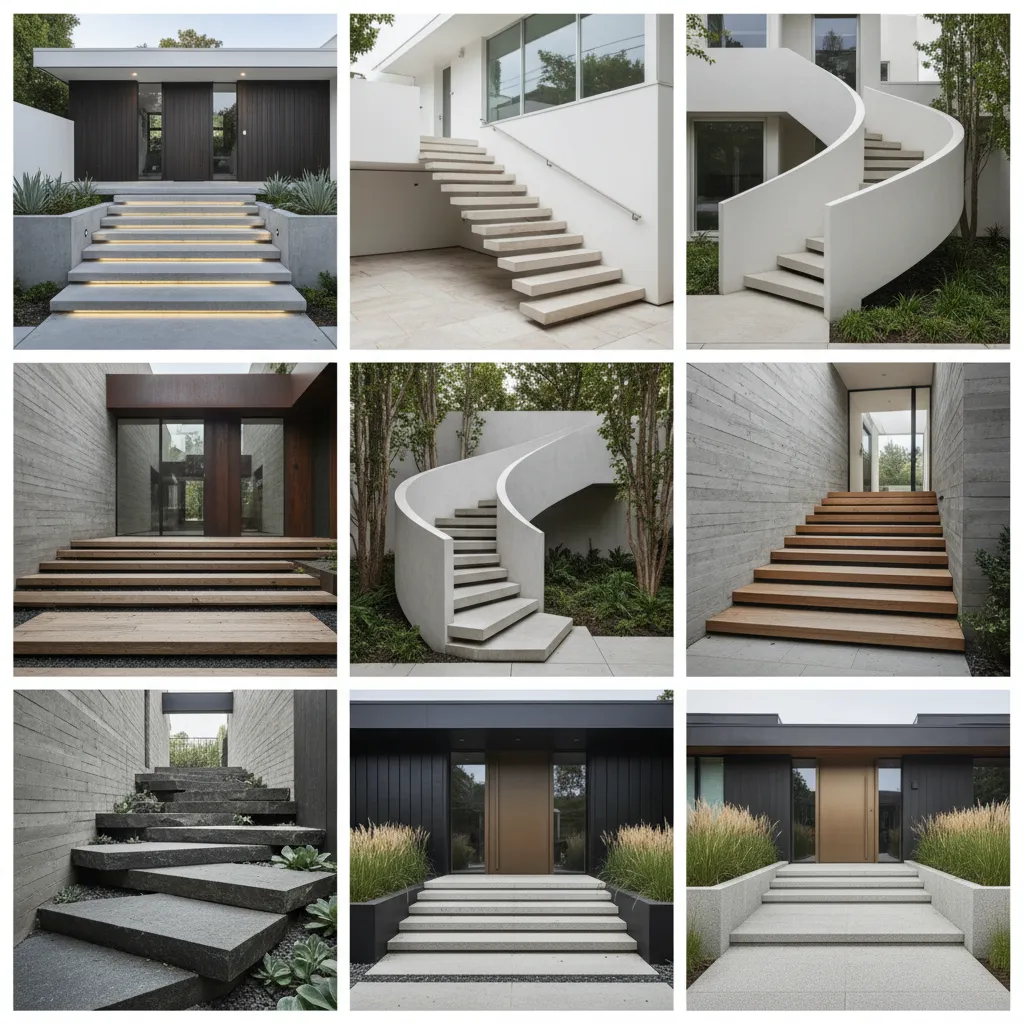 Diferentes estilos de escalones en entradas de casas modernas