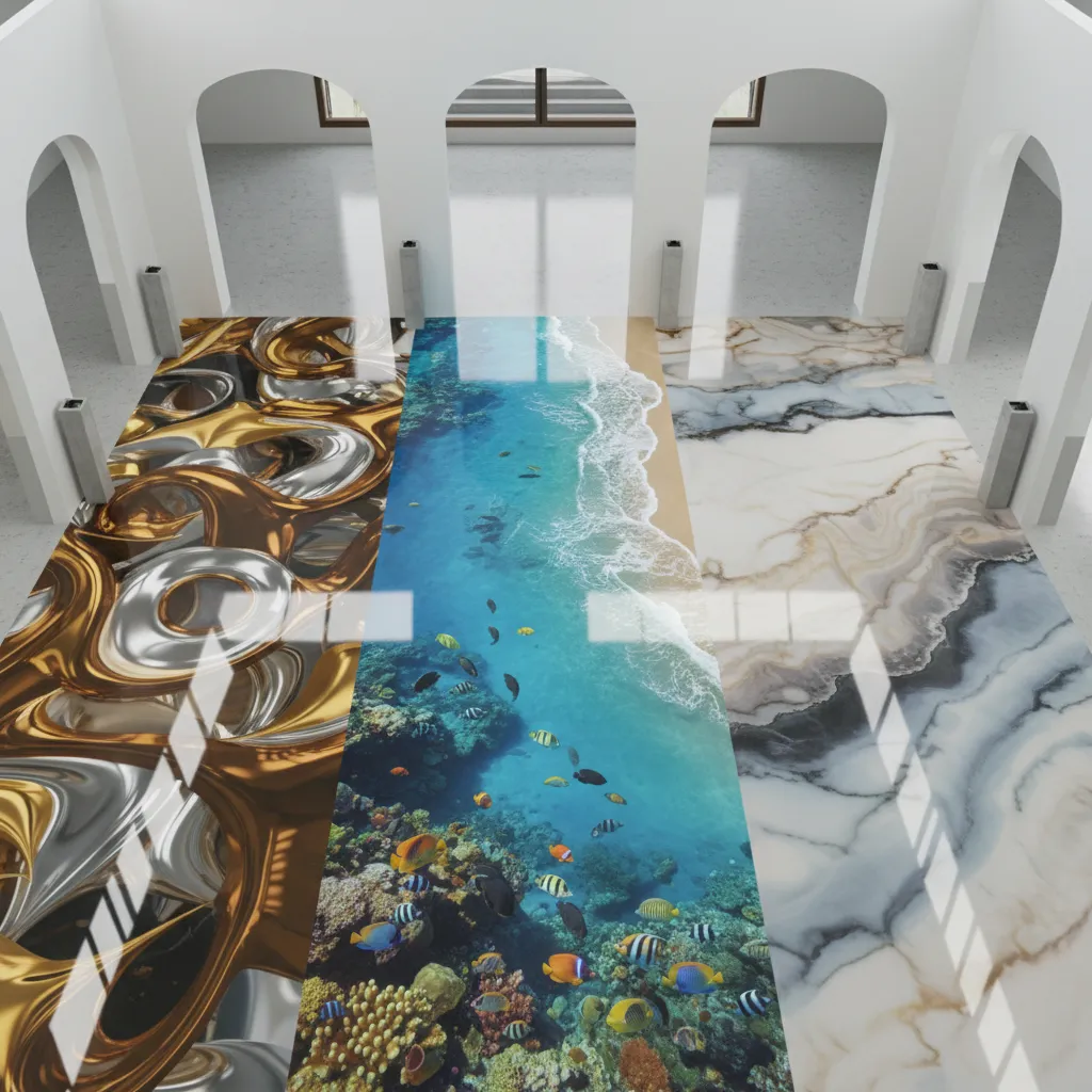examples of abstract metallic and ocean style 3D epoxy flooring designs