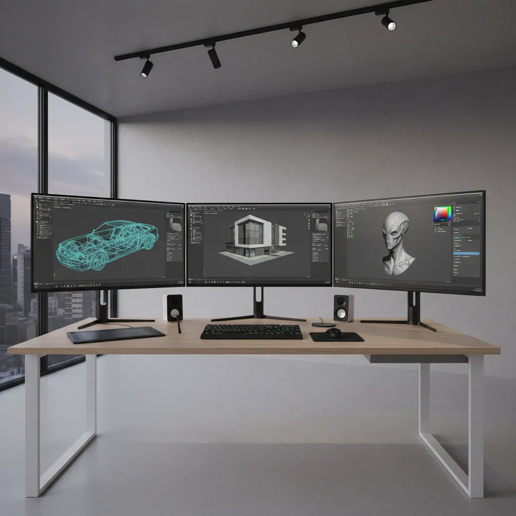 Different categories of 3D modeling software displayed on a designer workstation