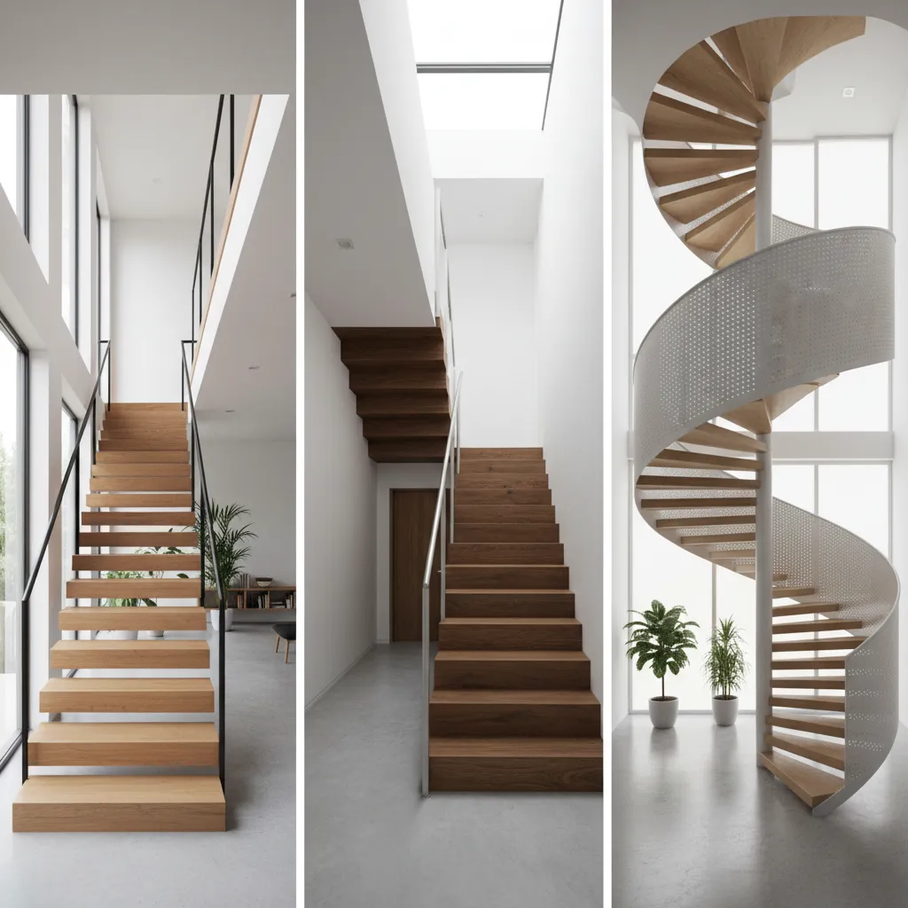 Comparación visual de escaleras rectas, en L y helicoidales dentro de casas