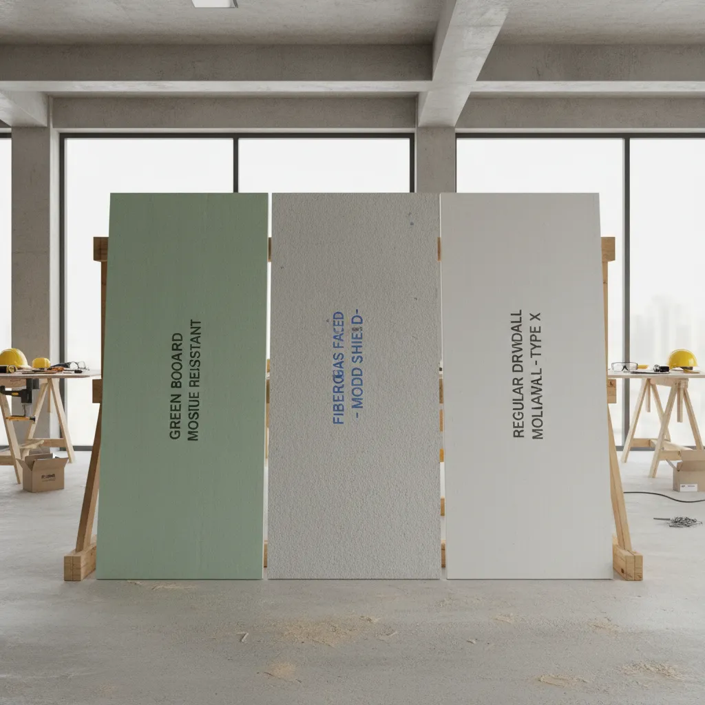 different types of moisture resistant gypsum board panels displayed in construction workspace