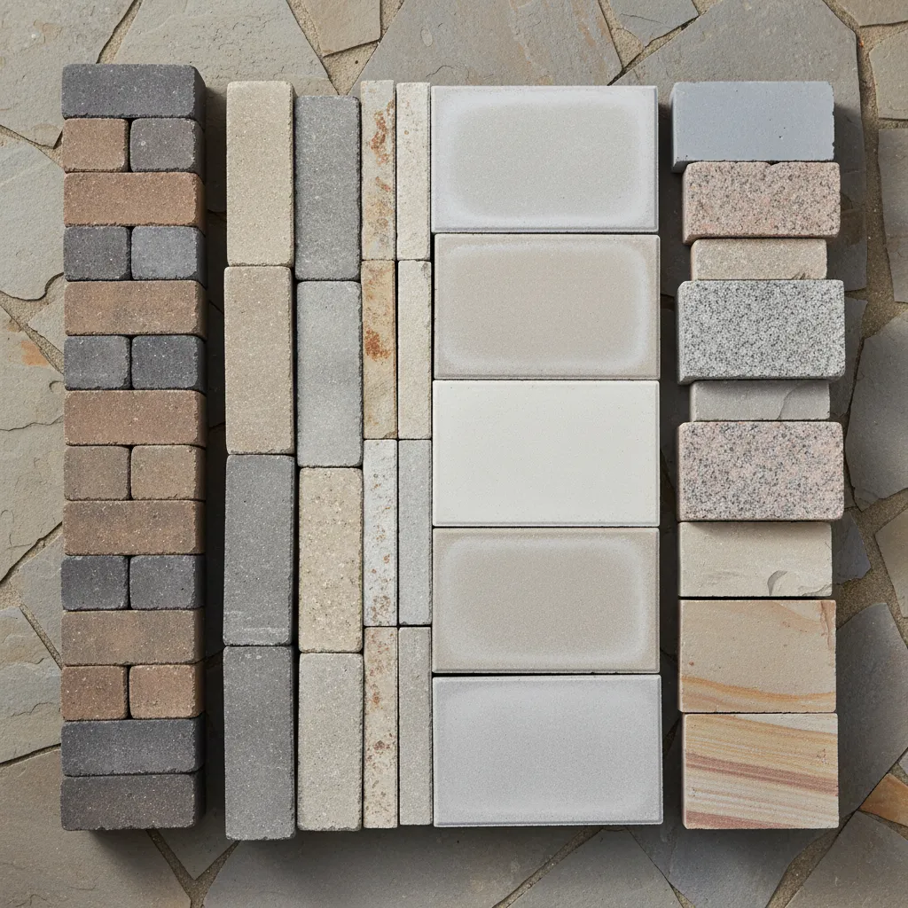 different types of paver blocks used for landscaping walls arranged on outdoor surface