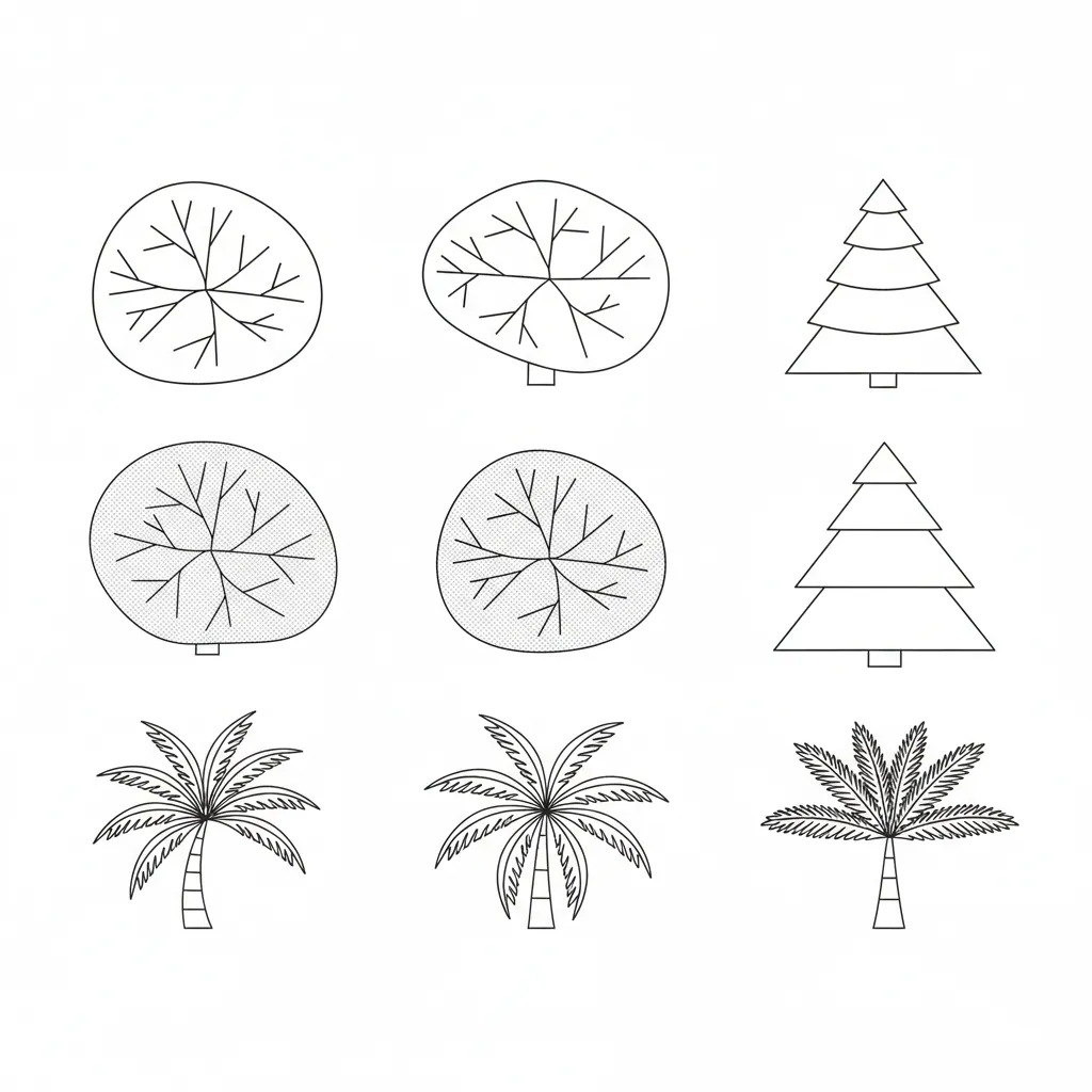 Different CAD tree symbols including deciduous evergreen and palm blocks