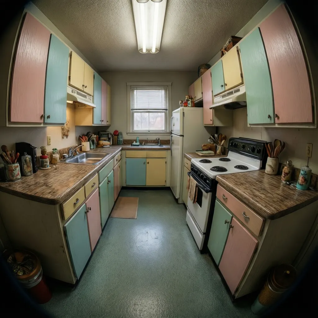 compact 1960s kitchen with galley layout and vintage cabinets