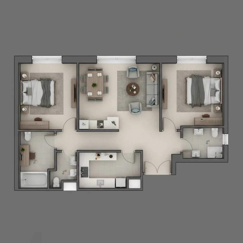 Typical 2BHK apartment layout within 1000 sq ft showing living room, two bedrooms and kitchen