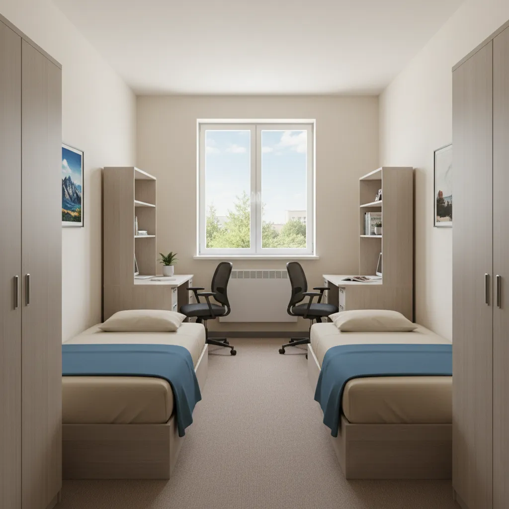 Typical small Helaman Halls dorm room with two beds desks and narrow central walkway