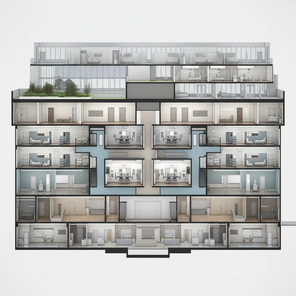 Diagram style interior rendering showing typical hospital department zones by floor