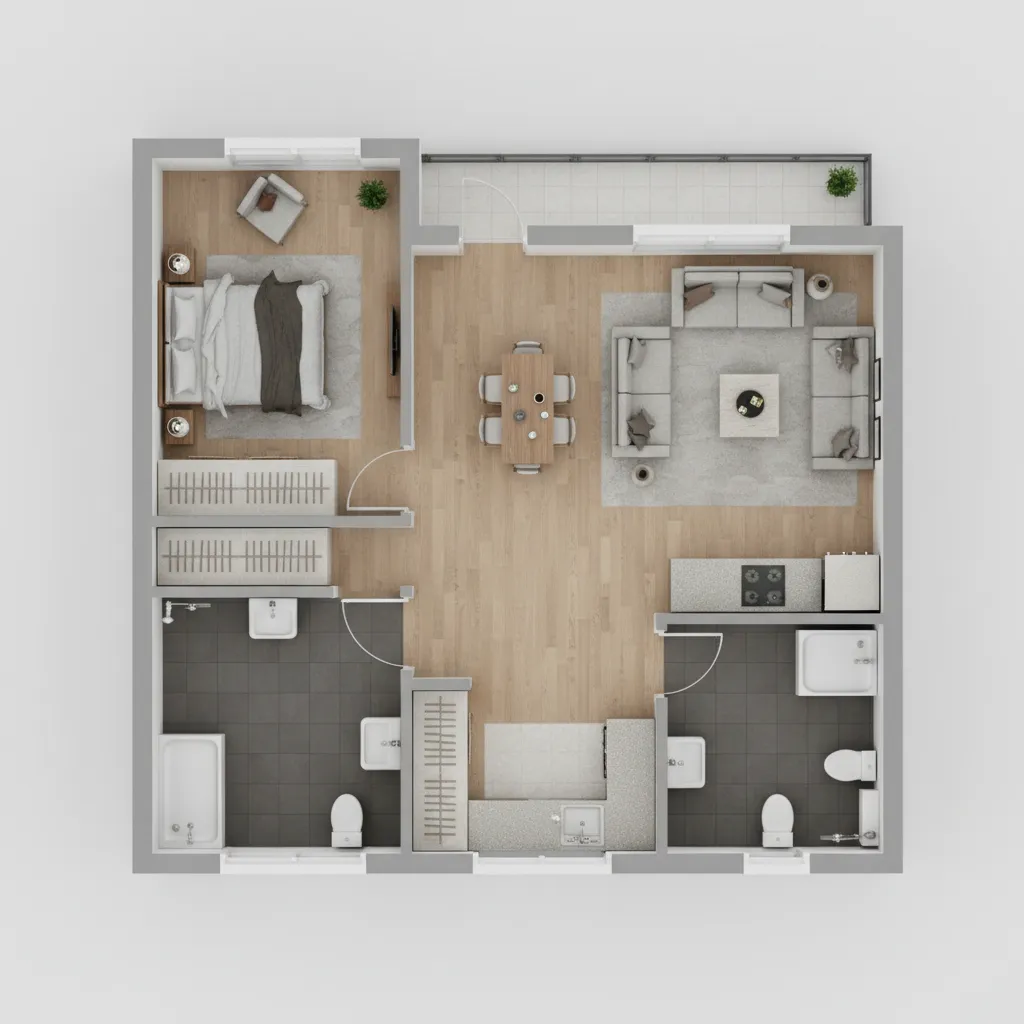 Typical compact 2BHK Indian house floor plan layout with living room kitchen and two bedrooms