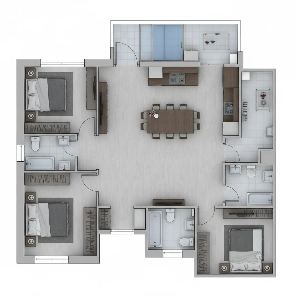 Typical kitchen layout inside a modern Indian apartment floor plan