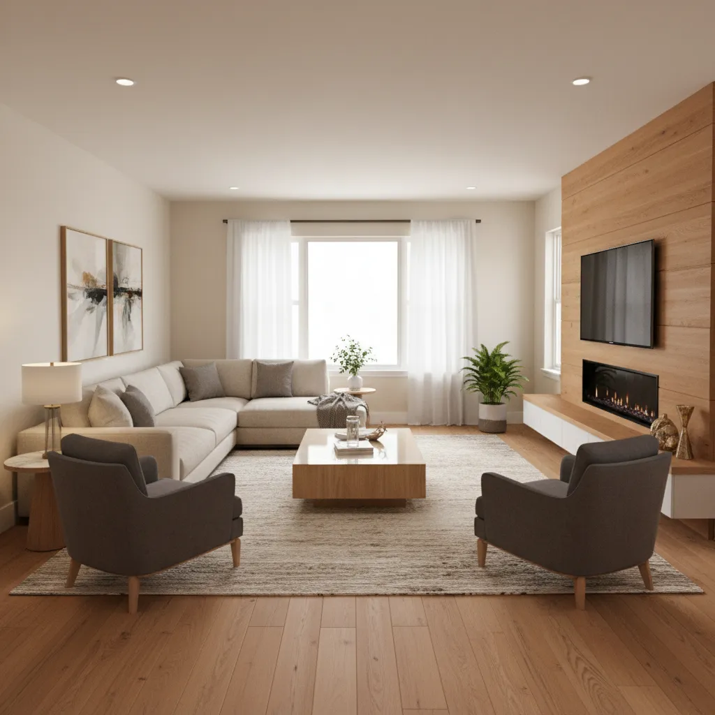 Modern living room showing typical dimensions and balanced seating layout
