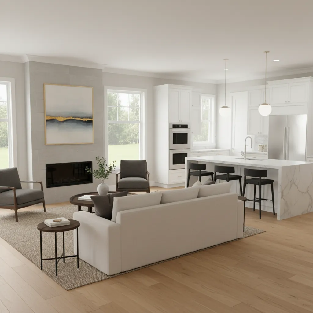 typical American home renovation interior showing living room and kitchen remodel