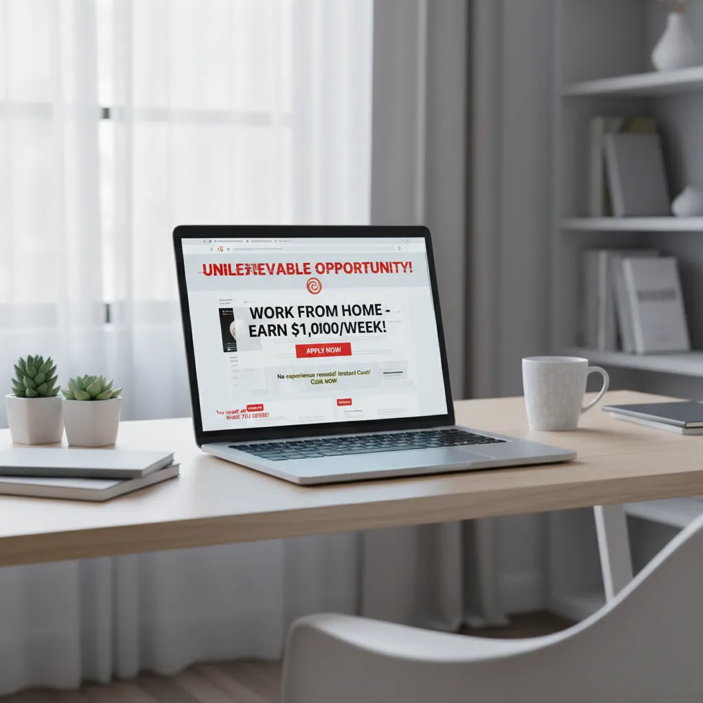 Laptop screen showing suspicious typing job advertisement with warning indicators