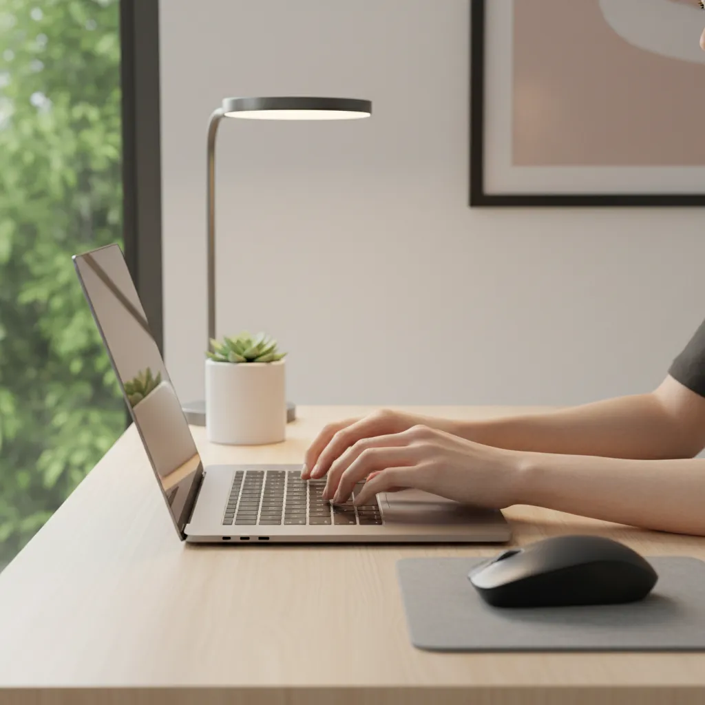 Laptop showing typing practice with hands on keyboard