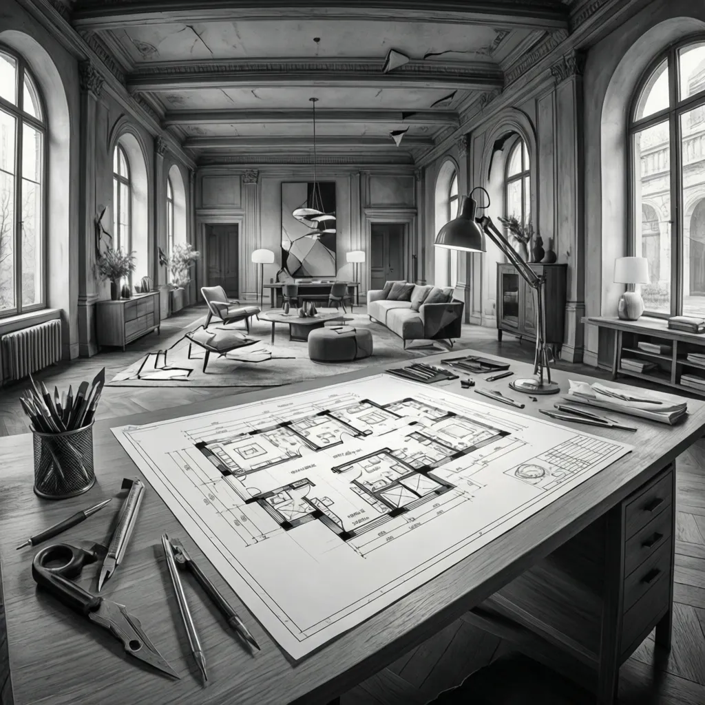 Plano arquitectónico con etiquetas tipográficas claras y diseño limpio