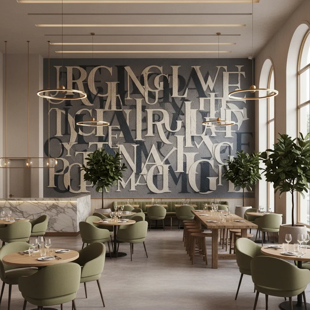 Mural tipográfico grande integrado en el diseño interior de un restaurante moderno