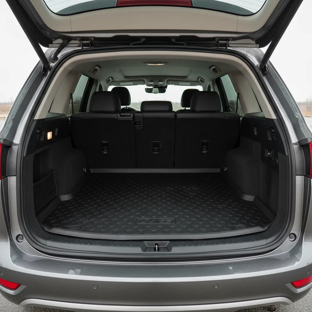 Black rubber trunk mat installed inside a modern SUV with the back door wide open