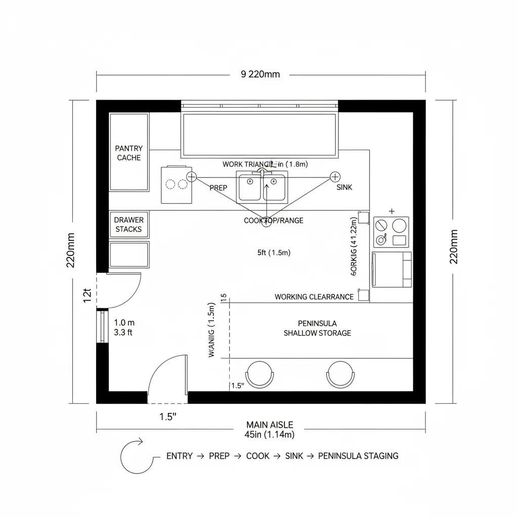 Top-down 2D CAD plan of a 9x12 U-shaped kitchen with peninsula seating and clear aisles