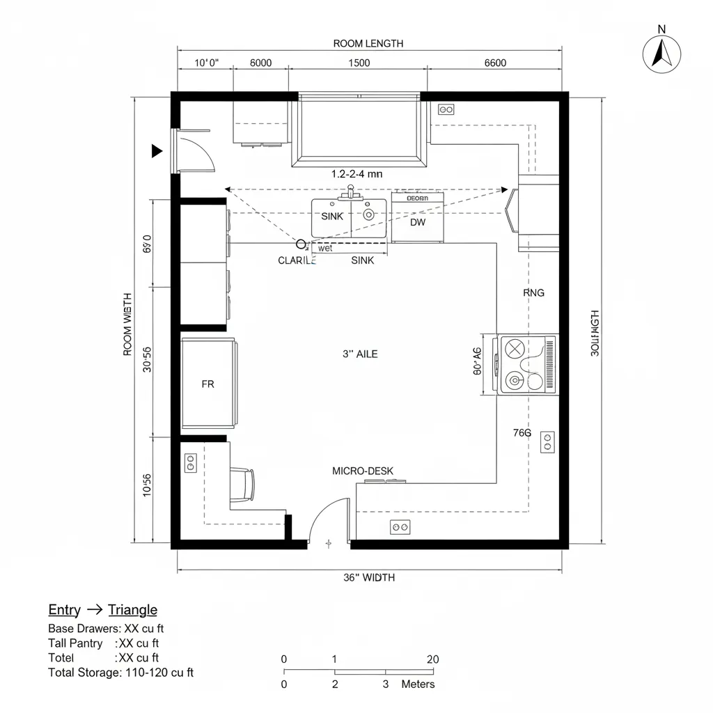Top-down CAD plan of a 10x12 U-shaped kitchen with centered sink under a window
