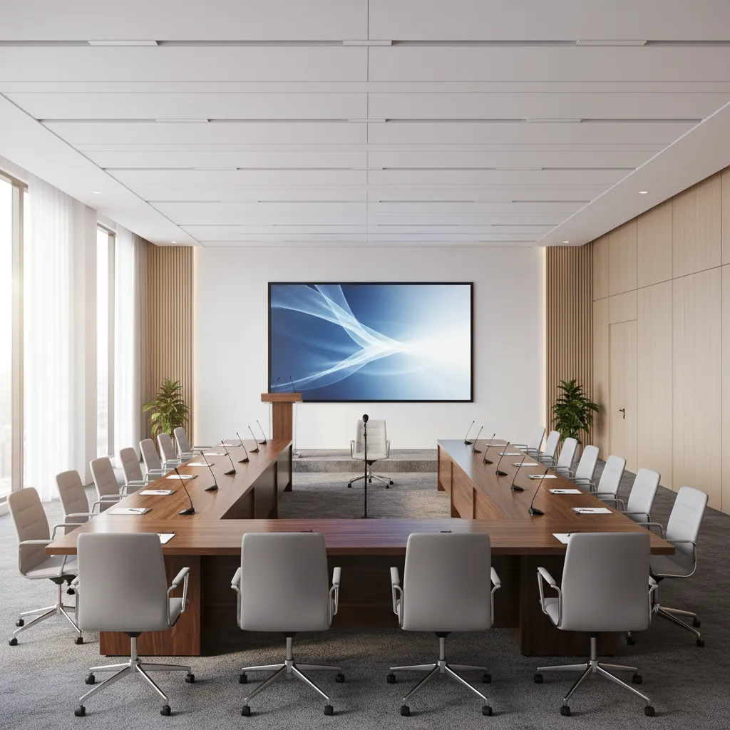 U-shape conference table layout facing a presentation screen