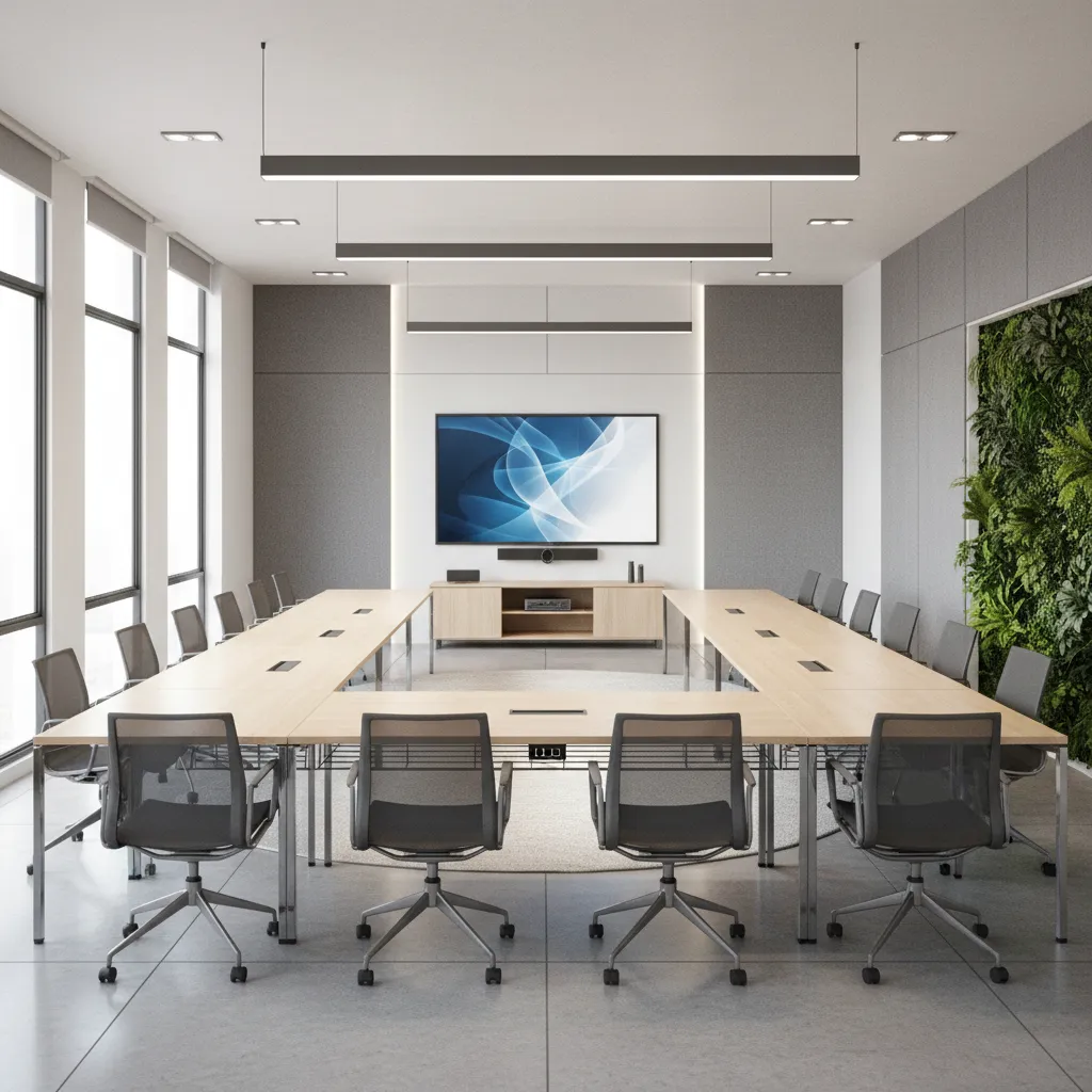 u shape meeting room layout with tables facing presentation screen