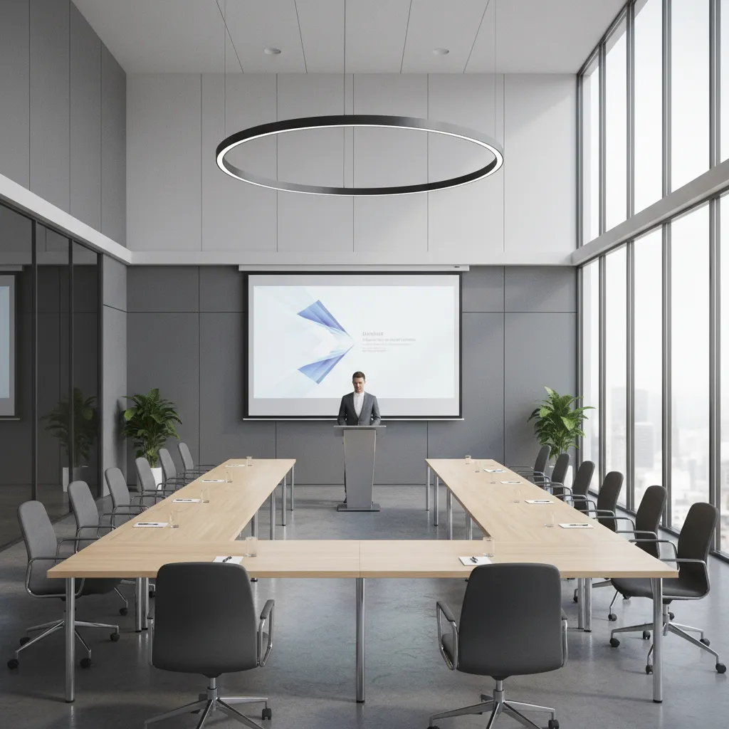 Modern conference room layout with wooden table grey chairs projector screen and large ceiling light