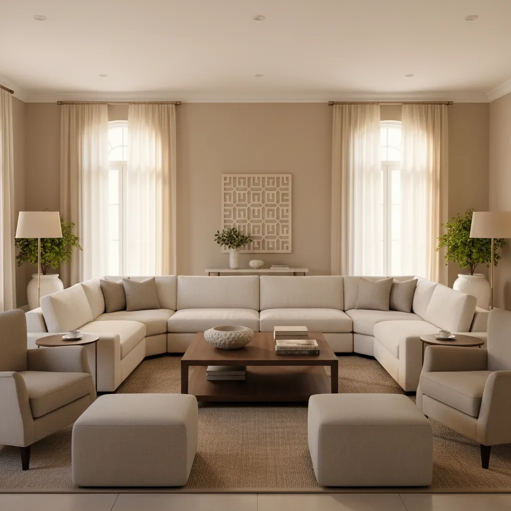 U shaped 7 seater sofa layout in large drawing room