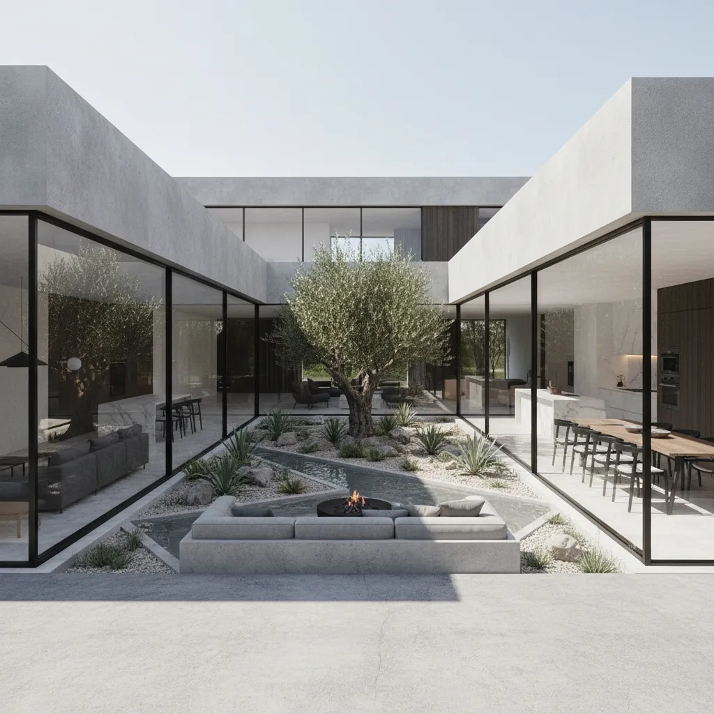 Visualisasi 3D rumah berbentuk U dengan taman tengah