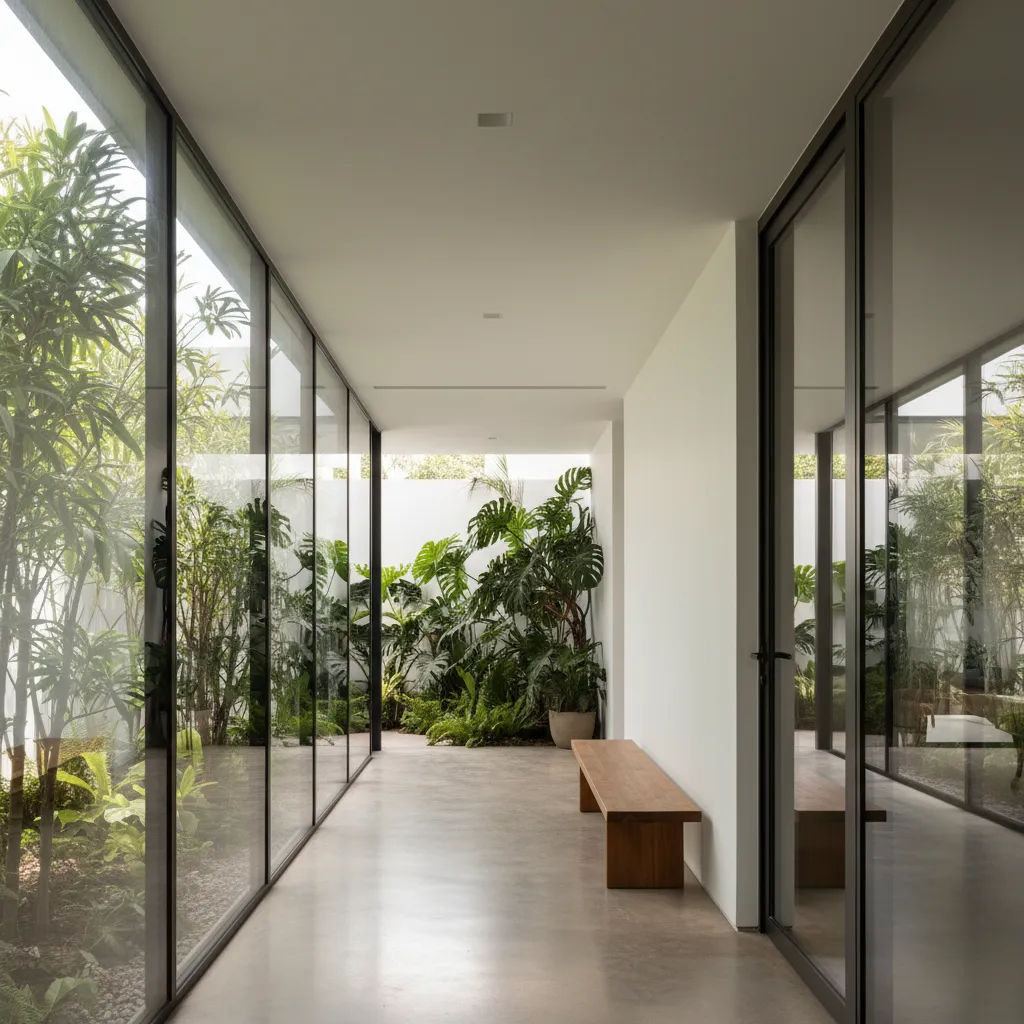 Koridor rumah yang menghadap taman tengah