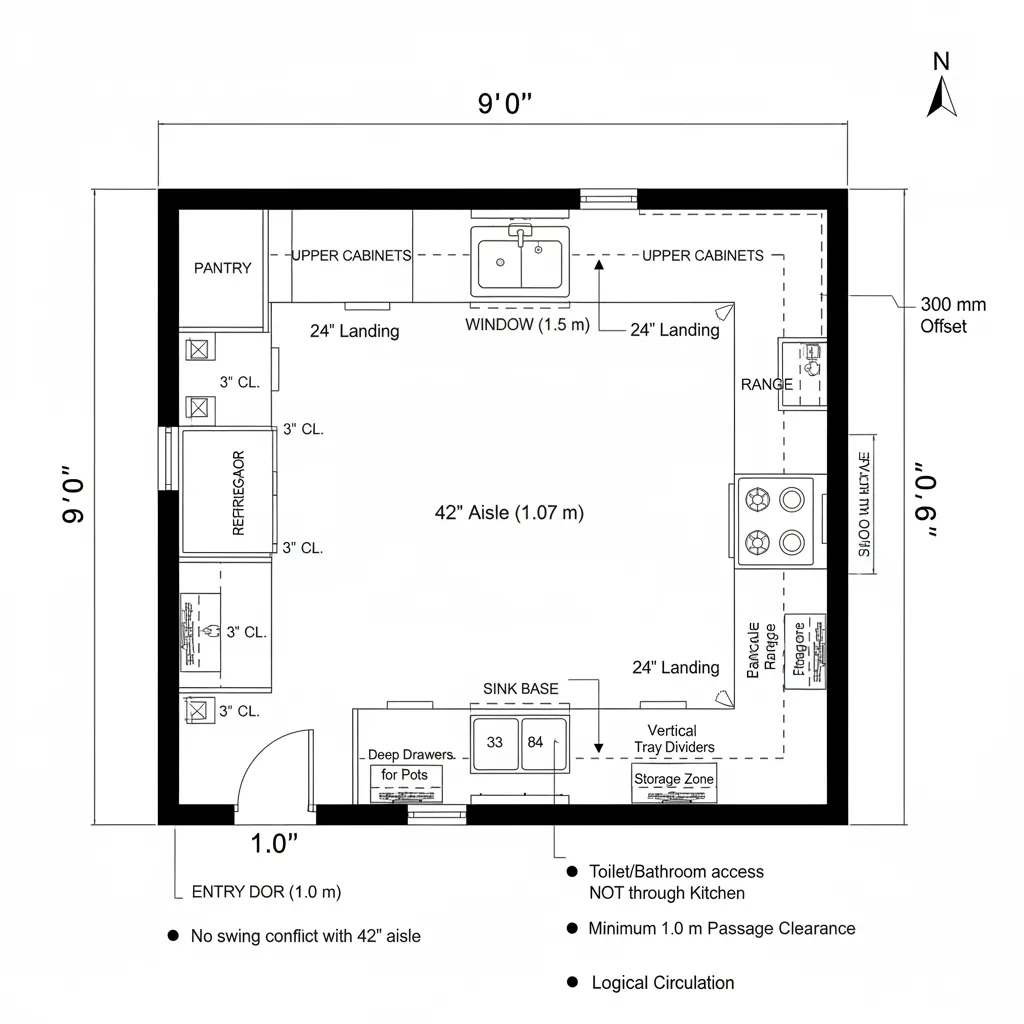 Top-down CAD plan of a 9 by 9 foot U-shaped kitchen with 42 inch aisle